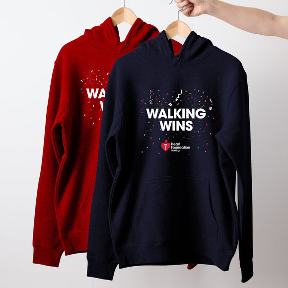 Red and navy hoodies, shown displayed on hangers and featuring Walking Wins slogan in white print and  coloured confetti design to the front.
