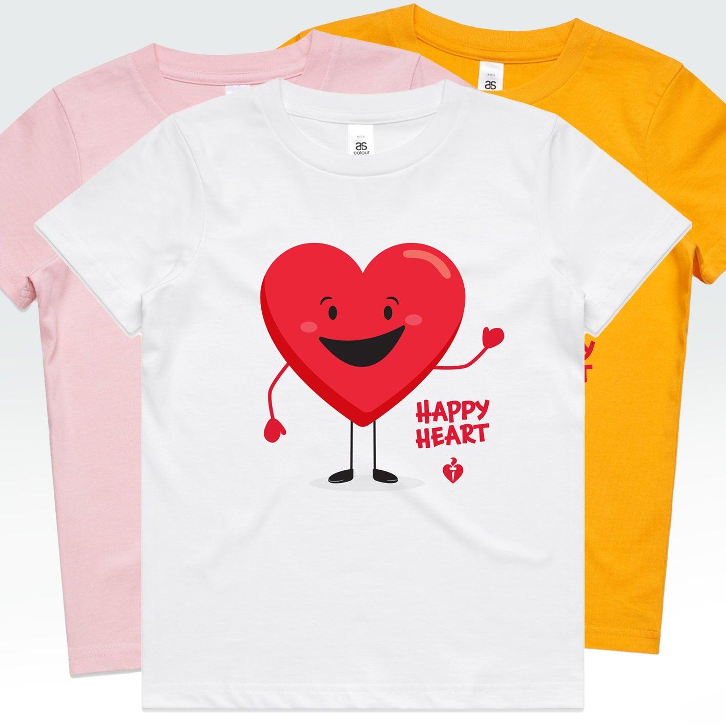 Happy Heart’ kids t-shirt by the Heart Foundation, featuring the Happy Heart mascot, available in white, pink, and gold, designed to promote heart health in a fun and kid-friendly way.