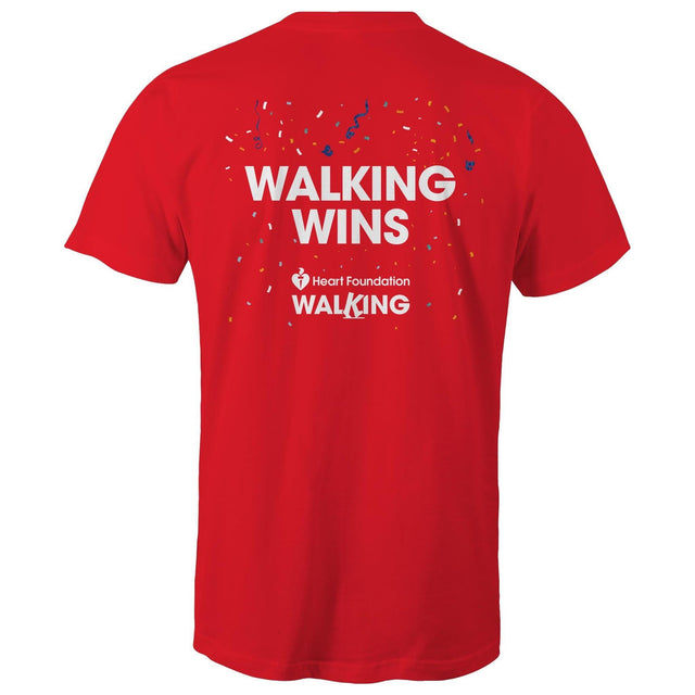Red ‘Walking Wins’ unisex style t-shirt by the Heart Foundation, designed to promote the benefits of walking for heart health.
