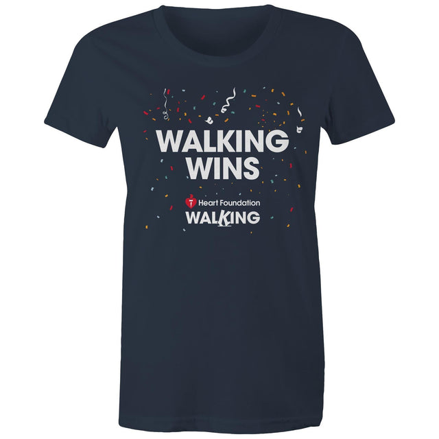 Navy ‘Walking Wins’ women's t-shirt by the Heart Foundation, designed to promote the benefits of walking for heart health.