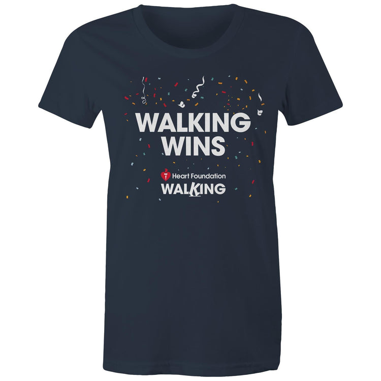 Navy ‘Walking Wins’ women's t-shirt by the Heart Foundation, designed to promote the benefits of walking for heart health.