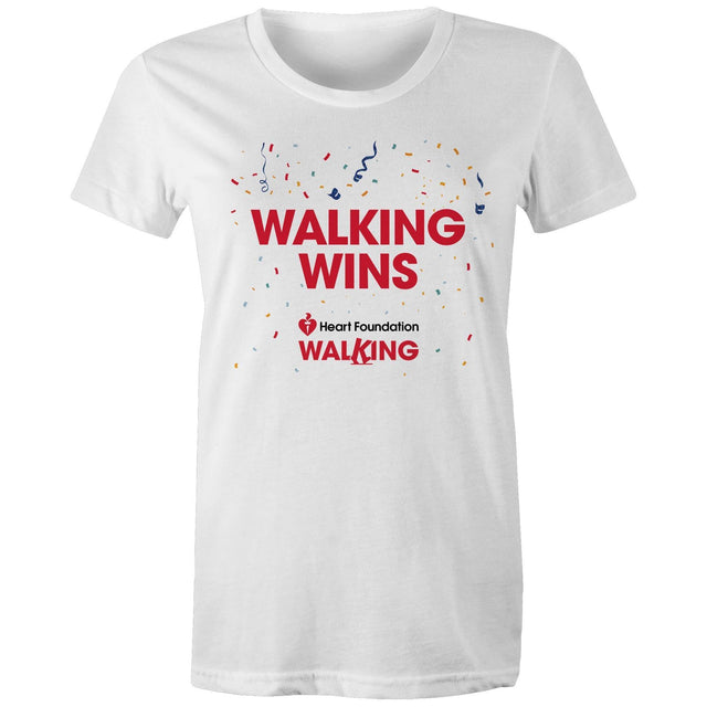 White ‘Walking Wins’ women's t-shirt by the Heart Foundation, designed to promote the benefits of walking for heart health.