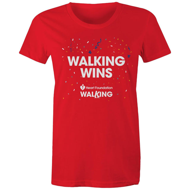 Red ‘Walking Wins’ women's t-shirt by the Heart Foundation, designed to promote the benefits of walking for heart health.