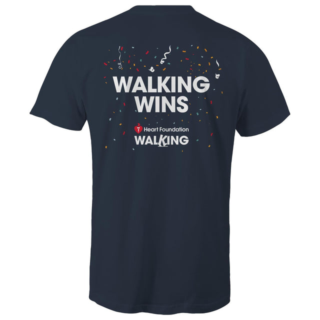 Back image of navy Heart Foundation unisex style every step is a victory t-shirt showing Walking Wins tag line and confetti. Designed to encourage people to stay active and keep walking.