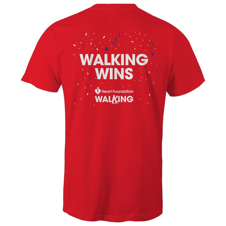 Back image of red Heart Foundation unisex style every step is a victory t-shirt showing Walking Wins tag line and confetti. Designed to encourage people to stay active and keep walking.