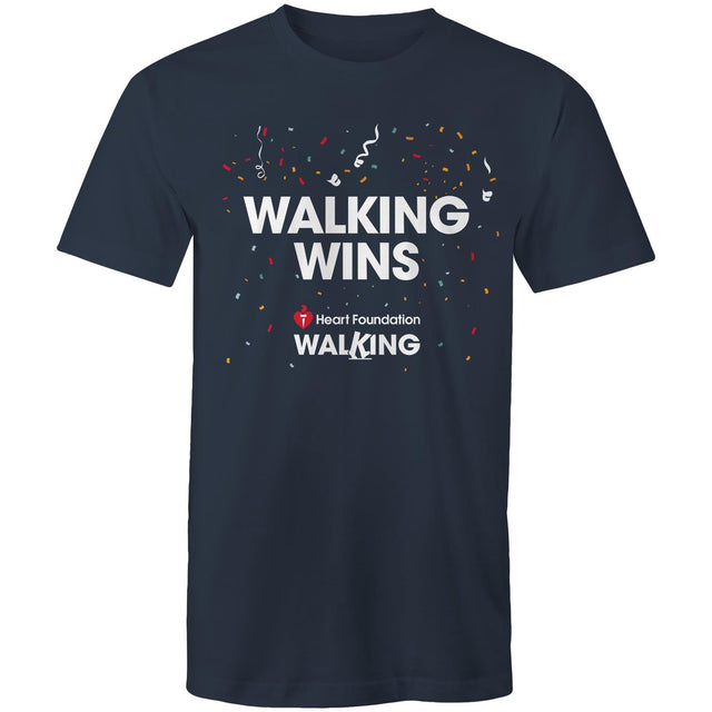Navy Heart Foundation unisex style t-shirt featuring Walking Wins tag line and confetti, designed to encourage people to stay active and keep walking.