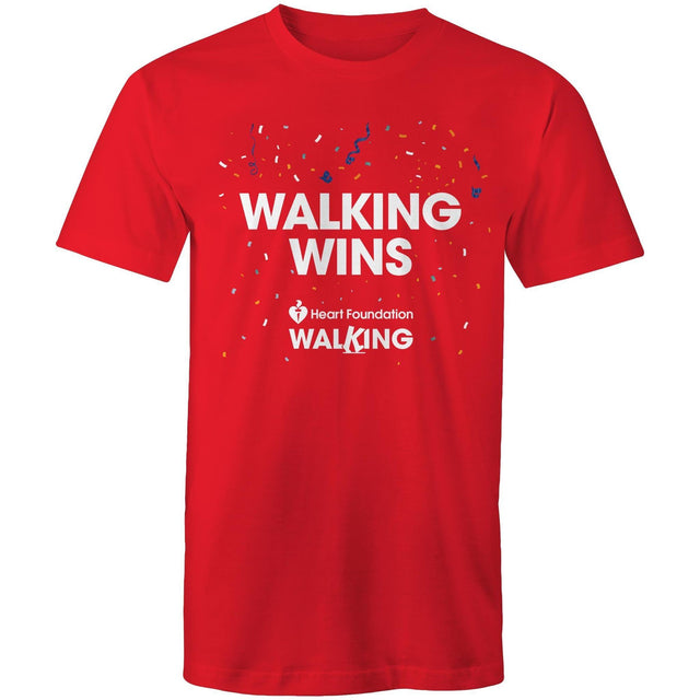 Red Heart Foundation unisex style t-shirt featuring Walking Wins tag line and confetti, designed to encourage people to stay active and keep walking.