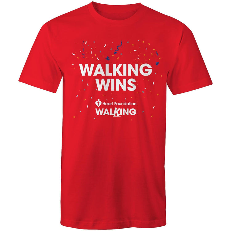 Red Heart Foundation unisex style t-shirt featuring Walking Wins tag line and confetti, designed to encourage people to stay active and keep walking.