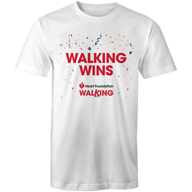 White Heart Foundation unisex style t-shirt featuring Walking Wins tag line and confetti, designed to encourage people to stay active and keep walking.