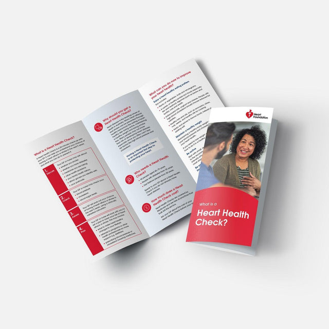 Front cover of the ‘What is a Heart Health Check?’ brochure by the Heart Foundation, encouraging people to talk to their doctor about their heart health.