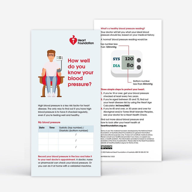 Front of the ‘Know your blood pressure’ card by the Heart Foundation, designed to help people track their blood pressure and understand its link to heart disease.