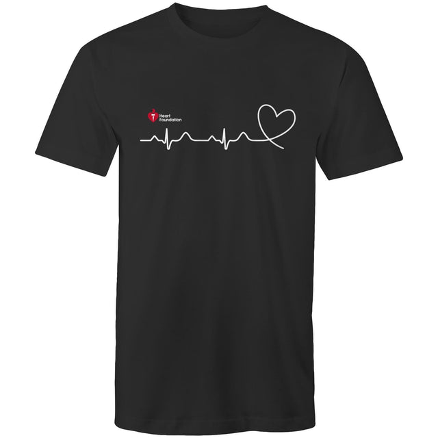 Black Heart Foundation unisex t-shirt featuring logo and white print heartbeat line ending in stylised heart. Developed to raise awareness of heart health.