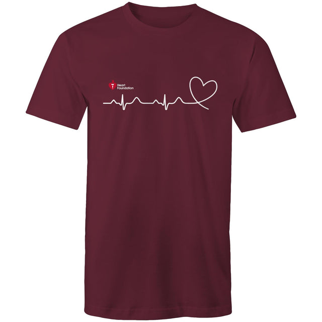 Burgundy Heart Foundation unisex t-shirt featuring logo and white print heartbeat line ending in stylised heart. Developed to promote awareness of heart health.