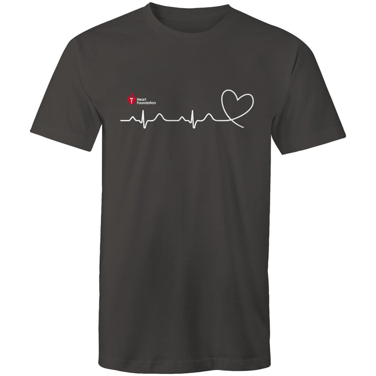 Charcoal Heart Foundation unisex t-shirt featuring logo and white print heartbeat line ending in stylised heart. Developed to raise awareness of heart health.