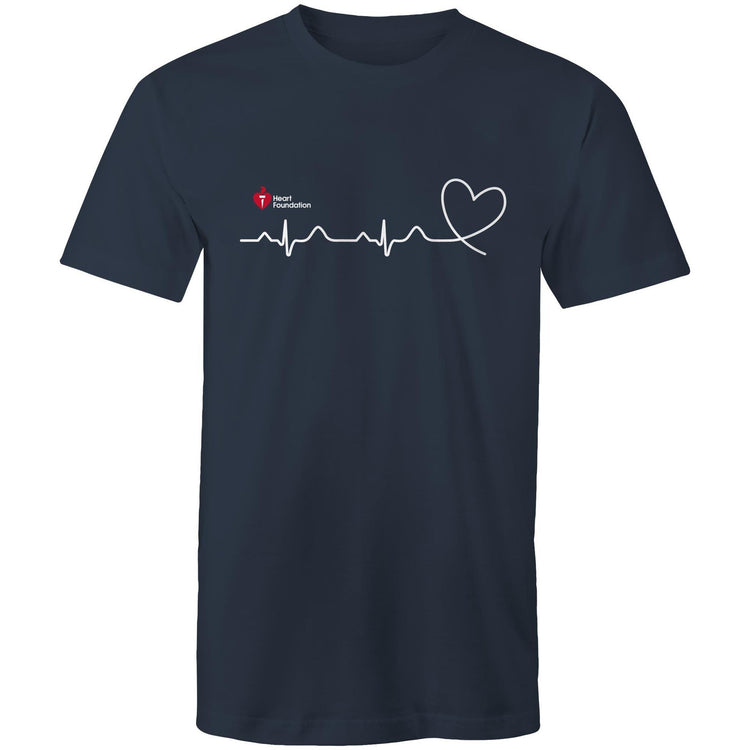 Navy Heart Foundation unisex t-shirt featuring logo and white print heartbeat line ending in stylised heart. Developed to raise awareness of heart health.