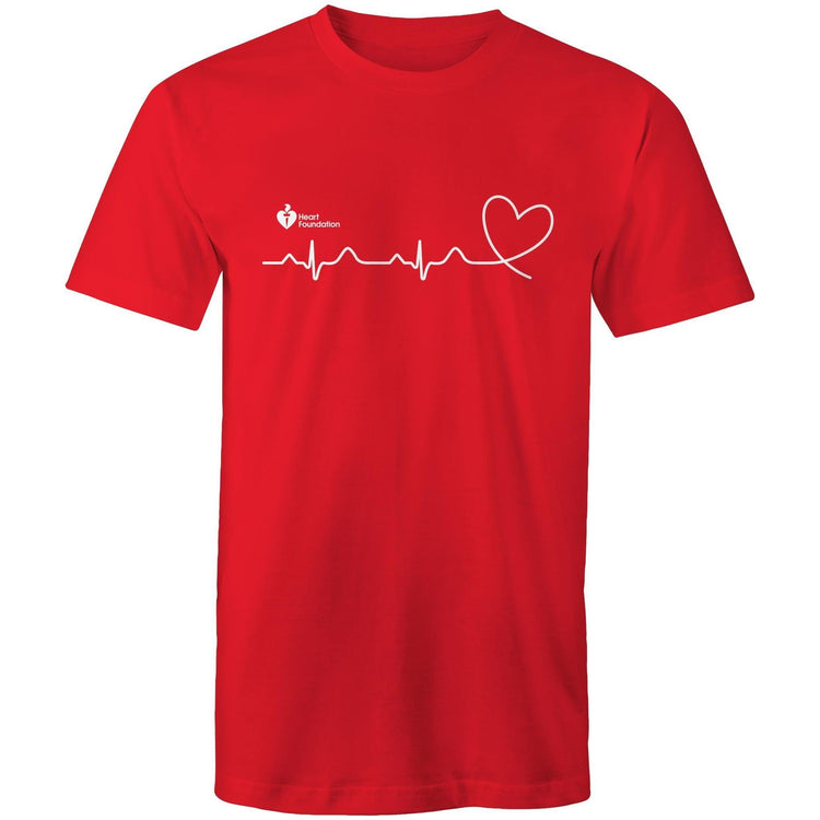 Red Heart Foundation unisex t-shirt featuring logo and white print heartbeat line ending in stylised heart. Developed to raise awareness of heart health.