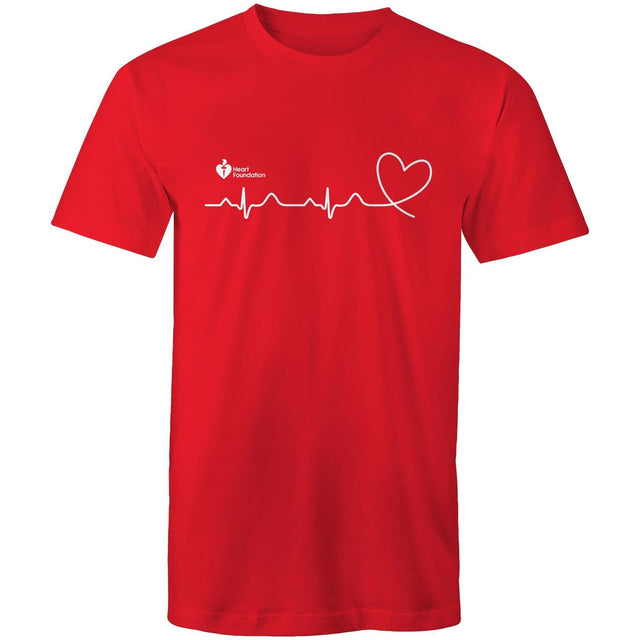 Red Heart Foundation unisex t-shirt featuring logo and white print heartbeat line ending in stylised heart. Developed to raise awareness of heart health.