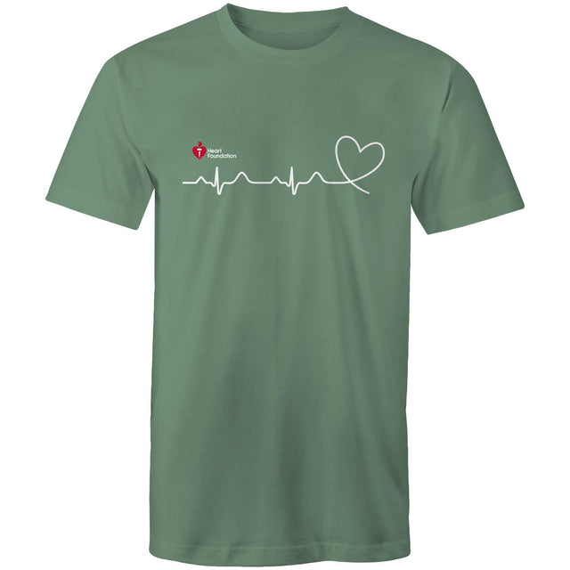 Sage green Heart Foundation unisex t-shirt featuring logo and white print heartbeat line ending in stylised heart. Developed to promote awareness of heart health.