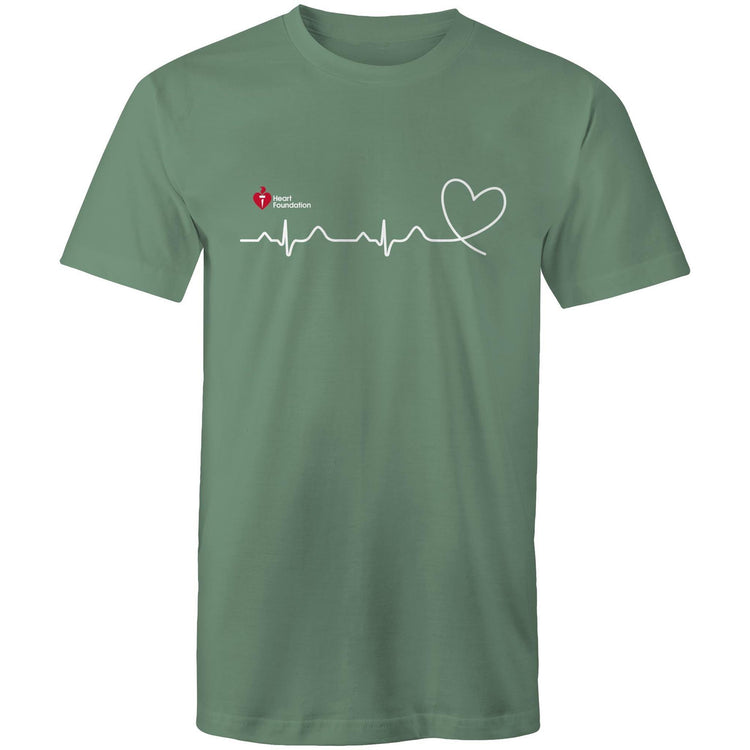 Sage green Heart Foundation unisex t-shirt featuring logo and white print heartbeat line ending in stylised heart. Developed to promote awareness of heart health.