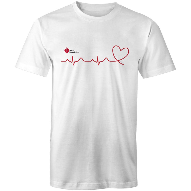 White Heart Foundation unisex t-shirt featuring logo and red print heartbeat line ending in stylised heart. Developed to raise awareness of heart health.