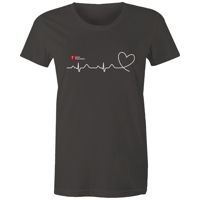 Charcoal Heart Foundation women's t-shirt featuring logo and white print heartbeat line ending in stylised heart. Developed to raise awareness of heart health.