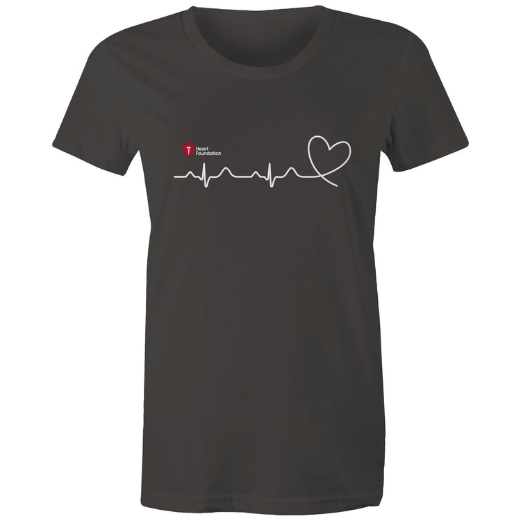 Charcoal Heart Foundation women's t-shirt featuring logo and white print heartbeat line ending in stylised heart. Developed to raise awareness of heart health.