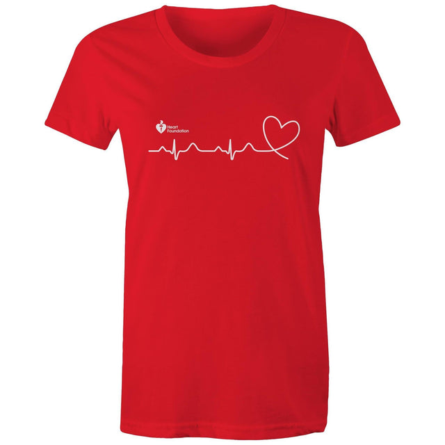 Red Heart Foundation women's t-shirt featuring logo and white print heartbeat line ending in stylised heart. Developed to raise awareness of heart health.