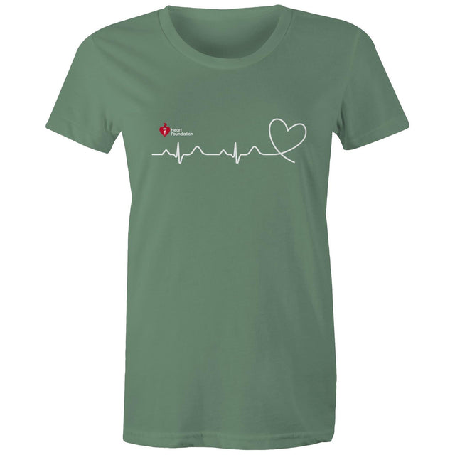Sage green Heart Foundation women's t-shirt featuring logo and white print heartbeat line ending in stylised heart. Developed to raise awareness of heart health.
