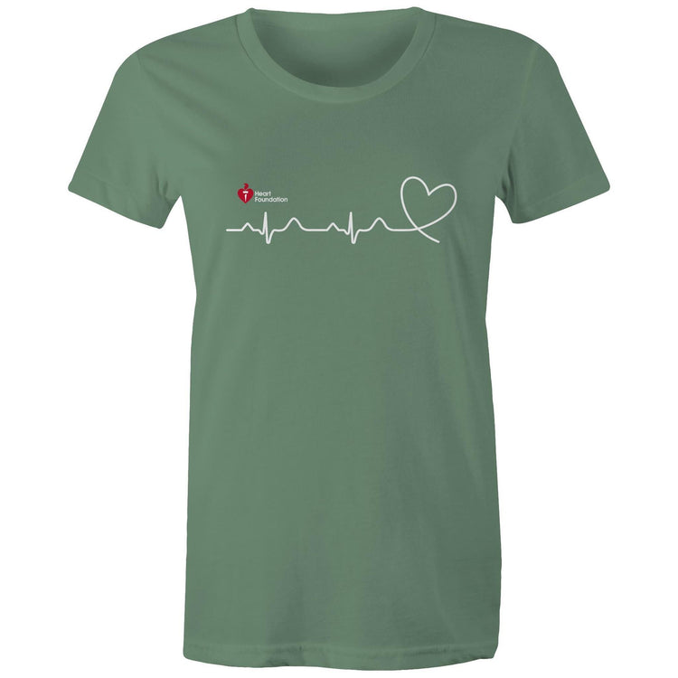 Sage green Heart Foundation women's t-shirt featuring logo and white print heartbeat line ending in stylised heart. Developed to raise awareness of heart health.