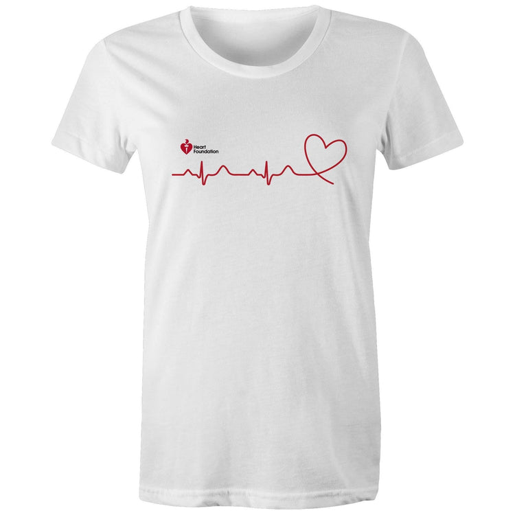 White Heart Foundation women's t-shirt featuring logo and red print heartbeat line ending in stylised heart. Developed to raise awareness of heart health.