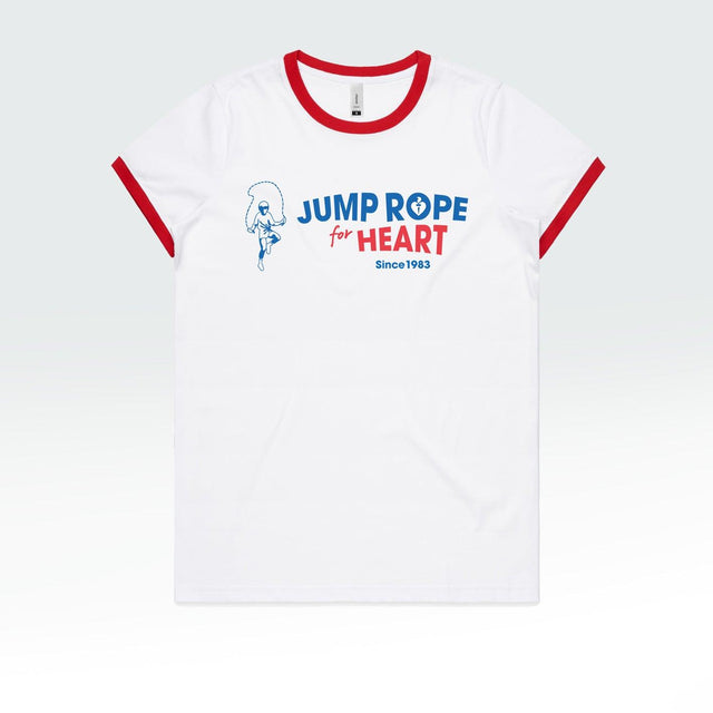 White t-shirt with "Jump Rope for Heart" printed, promoting heart health awareness through the Heart Foundation