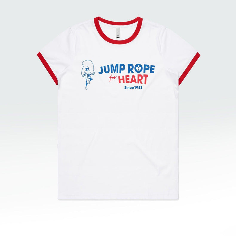 White t-shirt with "Jump Rope for Heart" printed, promoting heart health awareness through the Heart Foundation