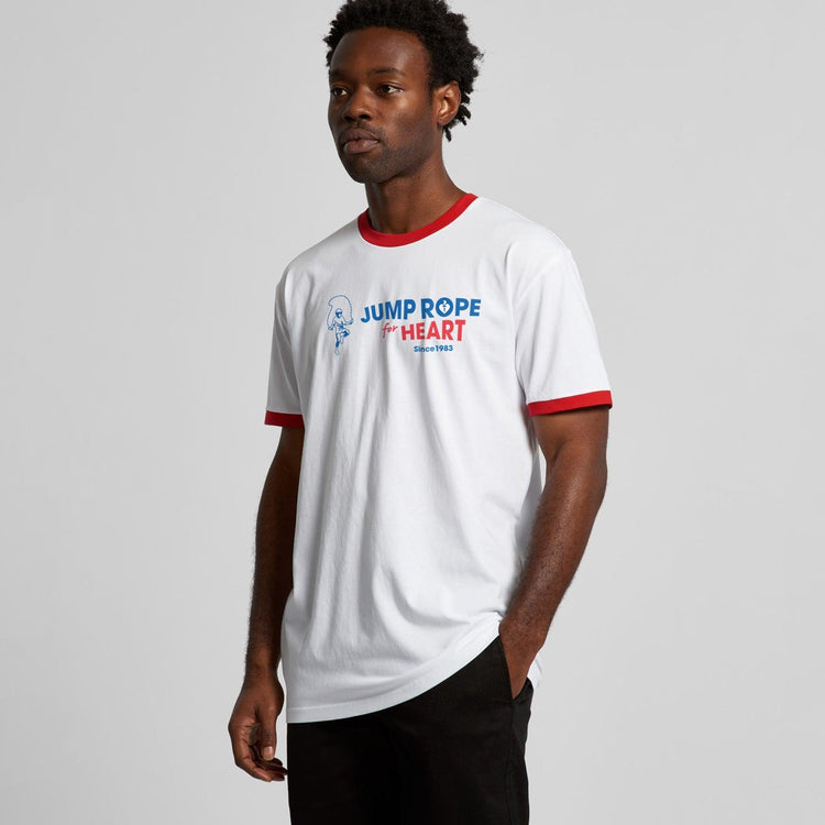 Male modelling a white unisex style t-shirt with "Jump Rope for Heart" vintage look print, promoting heart health awareness through the Heart Foundation.