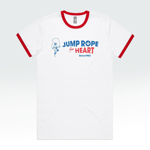 White unisex t-shirt with "Jump Rope for Heart" vintage look print, promoting heart health awareness through the Heart Foundation.