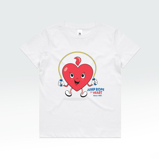 A white t-shirt adorned with a cartoon heart, supporting the Heart Foundation's jump rope program.