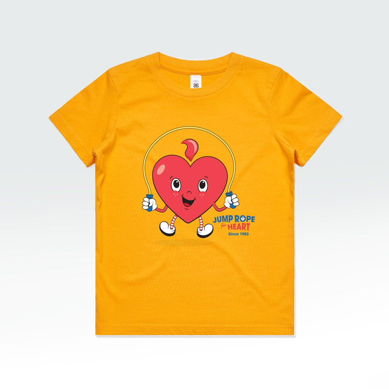 A gold yellow t-shirt adorned with a cartoon heart, supporting the Heart Foundation's jump rope program.