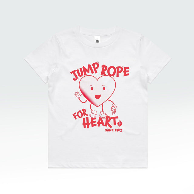 A kids white t-shirt adorned with a cartoon heart, supporting the Heart Foundation's jump rope program.