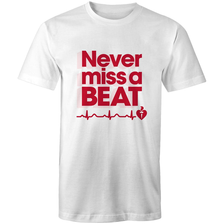 White Heart Foundation unisex t-shirt featuring heartbeat line and Never miss a BEAT tag line printed in red/pink. Developed to raise awareness of heart health.