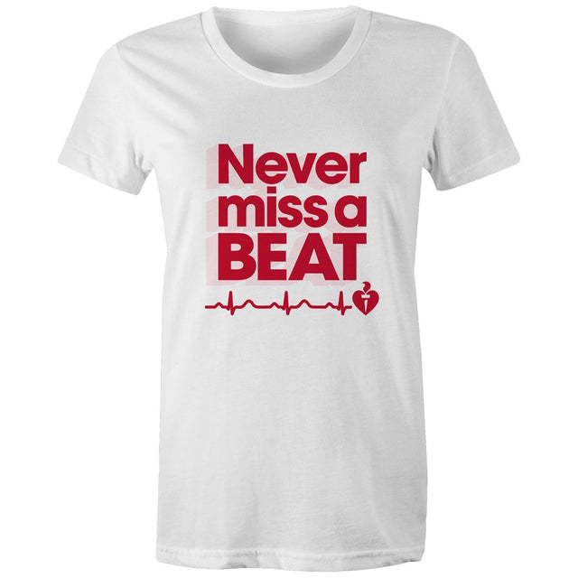 White Heart Foundation women's t-shirt featuring heartbeat line and Never miss a BEAT tag line printed in red/pink. Developed to raise awareness of heart health.