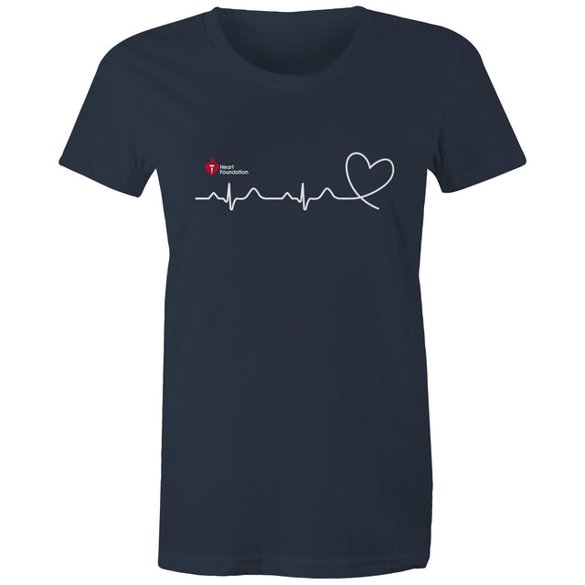Navy Heart Foundation women's t-shirt featuring logo and white print heartbeat line ending in stylised heart. Developed to raise awareness of heart health.