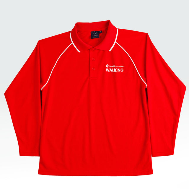 Heart Foundation Walking's red long sleeved polo shirt, showing white collar accents on raglan sleeve seam and collar.
