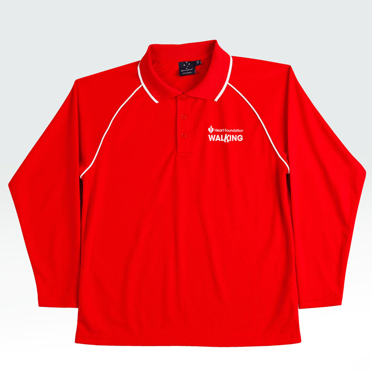 Heart Foundation Walking's red long sleeved polo shirt, showing white collar accents on raglan sleeve seam and collar.