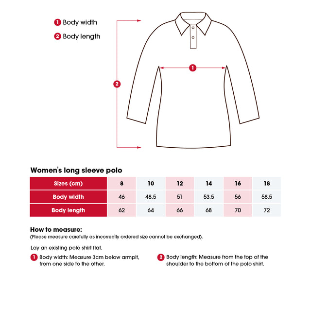 Heart Foundation women's long sleeved polo shirt size chart including 'How to measure' instructions.