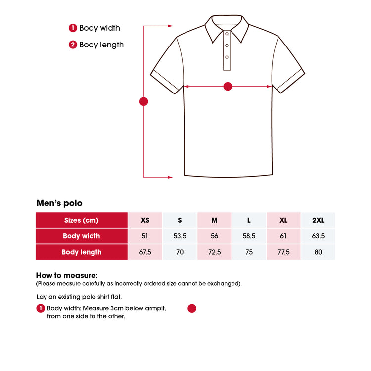 Heart Foundation men's short sleeved polo shirt size chart including 'How to measure' instructions.