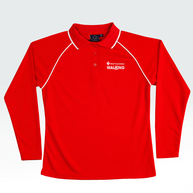 Heart Foundation Walking's red long sleeved polo shirt, showing white collar accents on raglan sleeve seam and collar.