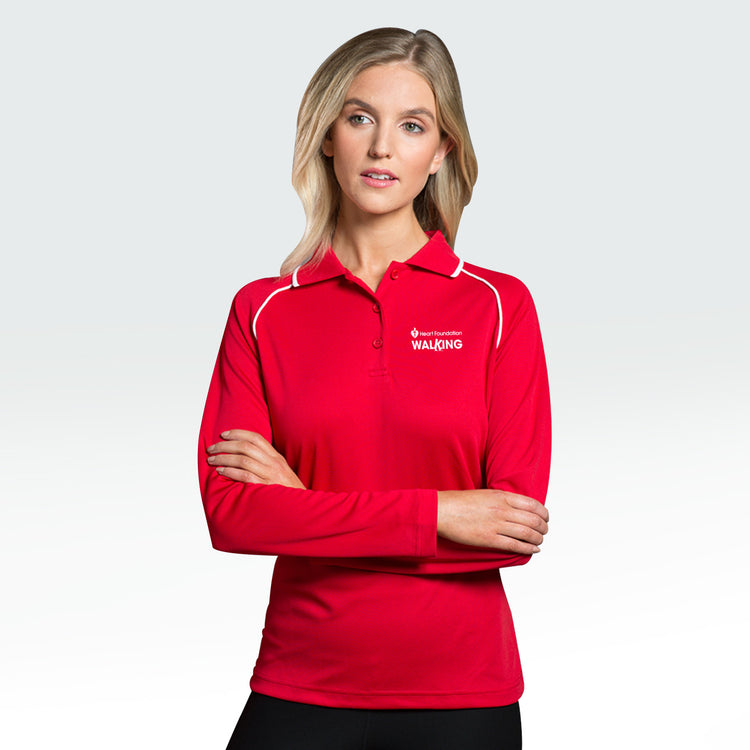 Woman modelling the Heart Foundation Walking's red long sleeved polo shirt, showing white collar accents on raglan sleeve seam and collar.