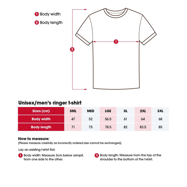 Heart Foundation unisex ringer t-shirt size chart including 'How to measure' instructions.
