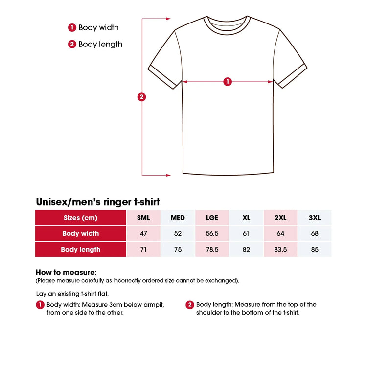Heart Foundation unisex ringer t-shirt size chart including 'How to measure' instructions.
