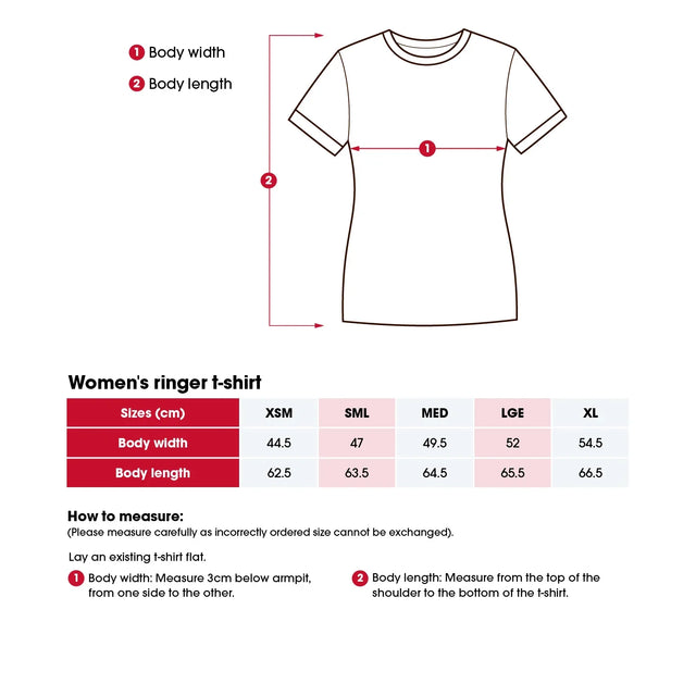 Heart Foundation women's ringer t-shirt size chart including 'How to measure' instructions.