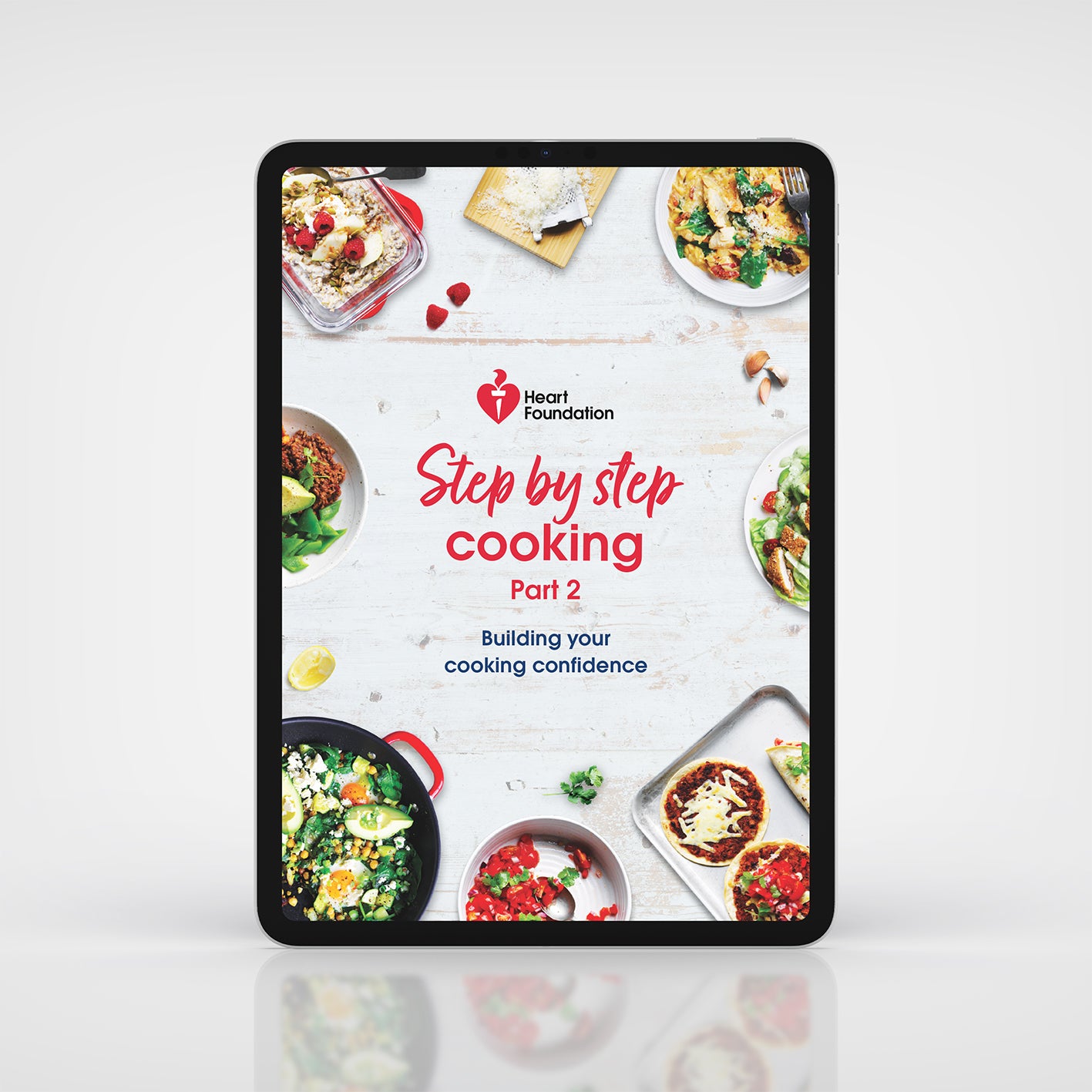 Tablet displaying a cooking app with images of food and Heart Foundation branding.